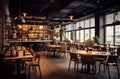 Cozy wooden interior of restaurant, copy space. Comfortable modern dining place, contemporary design background Royalty Free Stock Photo