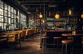 Cozy wooden interior of restaurant, copy space. Comfortable modern dining place, contemporary design background Royalty Free Stock Photo