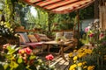 Cozy wooden terrace with rustic wooden furniture, soft colorful pillows and blankets, sunshade and flower pots. Charming sunny