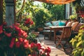 Cozy wooden terrace with rustic wooden furniture, soft colorful pillows and blankets, sunshade and flower pots. Charming sunny