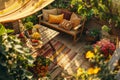 Cozy wooden terrace with rustic wooden furniture, soft colorful pillows and blankets, sunshade and flower pots. Charming sunny