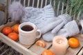 cozy woolen things, hat and mittens, mug of hot tea on tray, delicious vitamin tangerines, candle is burning, wicker garden chair