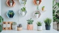 A cozy workfromhome space with a white geometric desk a geometric wall shelf and pops of color through different