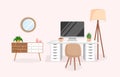 Cozy workplace with houseplants. Modern interior for home office with computer, cabinet, remote work, freelance Royalty Free Stock Photo