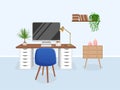 Cozy workplace with houseplants. Modern interior for home office with computer, cabinet, remote work, freelance Royalty Free Stock Photo