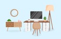 Cozy workplace with houseplants. Modern interior for home office with computer, cabinet, remote work, freelance Royalty Free Stock Photo