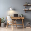 Cozy workplace with wooden writing desk and chair near grey wall. Interior design of modern Scandinavian home office