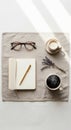 Cozy Workspace with Coffee, Lavender, and Glasses Royalty Free Stock Photo