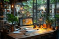 cozy creative workspace with computer desk surrounded by plants and natural light in modern office with large windows Royalty Free Stock Photo