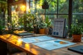 cozy workspace with natural light showing documents charts and plants on a wooden desk near large glass windows in a home office Royalty Free Stock Photo