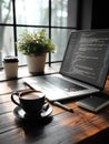 Tech Startup Workspace With Laptop, Coffee, and Code at Cozy Cafe Royalty Free Stock Photo