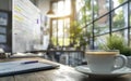 A cozy workspace features a steaming cup of coffee beside a tablet displaying digital documents. Sunlight filters in Royalty Free Stock Photo