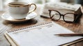 close up of a cozy workspace with a cup of coffee notebook pen eyeglasses and a stack of papers on a wooden table surface Royalty Free Stock Photo