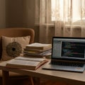Cozy workspace featuring a laptop displaying colorful code, suggesting programming Royalty Free Stock Photo