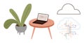Home office setup with laptop, potted plant, and cloud computing network concept Royalty Free Stock Photo