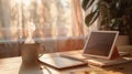 Cozy Workspace with Hot Coffee, Tablet and Sunlight for Focused Work Sessions Royalty Free Stock Photo