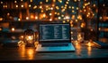 A cozy workspace illuminated by vintage lantern light for digital development Royalty Free Stock Photo