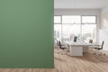 Cozy workspace interior with chairs and desk, panoramic window. Mock up wall Royalty Free Stock Photo