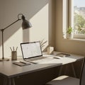Cozy workspace with a laptop displaying a document, placed on a sleek white desk. A Royalty Free Stock Photo