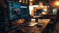Cozy workspace with laptop and programming code on monitor Royalty Free Stock Photo