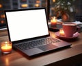 Cozy workspace with a laptop resting next to a coffee cup, formal business meeting image