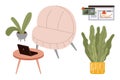 Cozy workspace with laptop on table, soft chair, plants, and warning analytics on screen Royalty Free Stock Photo