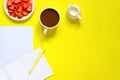 Cozy workspace. Mockup of an open notepad. Top view of a work desk Royalty Free Stock Photo