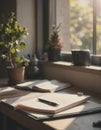 Cozy workspace with a notebook, pen, and plants by the window Royalty Free Stock Photo