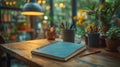 A cozy workspace with a notebook and plants in a serene atmosphere during the afternoon sunlight. Generative AI Royalty Free Stock Photo