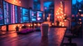 Cozy workspace setup with multiple monitors lit by warm lights at dusk Royalty Free Stock Photo