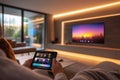 Smart home control center with ambient lighting in a modern workspace Royalty Free Stock Photo