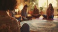 At a cozy yoga studio students gather in a circle to practice guided meditation. The instructors soothing voice leads