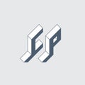 CP - 2-letter code. C and P - Monogram or logotype. Isometric 3d font for design. Volume alphabet. Outline fonts. Three-dimension