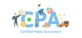 CPA, Certified Public Accountant. Concept with keywords, letters and icons. Flat vector illustration. Isolated on white