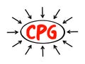 CPG Consumer Packaged Goods - merchandise that customers use up and replace on a frequent basis, acronym text concept with arrows