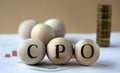 CPO - abbreviation on wooden balls on a background of coins and graphics