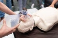 CPR training with CPR doll and Am-bu bag for ventilation resuscitation. Royalty Free Stock Photo