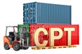 CPT concept. Forklift truck with cargo containers, 3D rendering Royalty Free Stock Photo