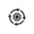 CPU - black icon design. Computer chip processor with cycle arrows. Vector illustration. Royalty Free Stock Photo