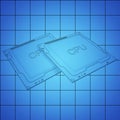 CPU bplueprint on grid, black outline, 3d rendering