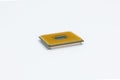 Pin side of CPU Central Processing Unit or microchip computer isolated on white background