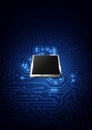 CPU chip and circuit board. Blue microprocessor background
