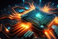 CPU chip on circuit board, processor with magic light inside computer, generative AI Royalty Free Stock Photo