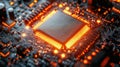 A CPU chip glows with orange light on a circuit board. Intricate circuits surround the processor, highlighting its complexity Royalty Free Stock Photo