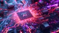 CPU chips circuit board, AI processor and microchips. Core of artificial intelligence machine with light of energy and power.
