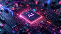 CPU chips circuit board, AI processor and microchips. Core of artificial intelligence machine with neon light of energy and power