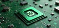 CPU circuit board with recycle symbol. Green computing concept, reusing technology for eco-friendly sustainability. Motherboard Royalty Free Stock Photo
