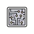 CPU, computer chip, electronic circuit, processor flat color line icon.