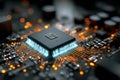 CPU Glows Blue with Digital Data Streams on Circuit Board Royalty Free Stock Photo