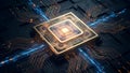 CPU Microprocessor with Glowing Golden Circuitry on Dark Board Royalty Free Stock Photo